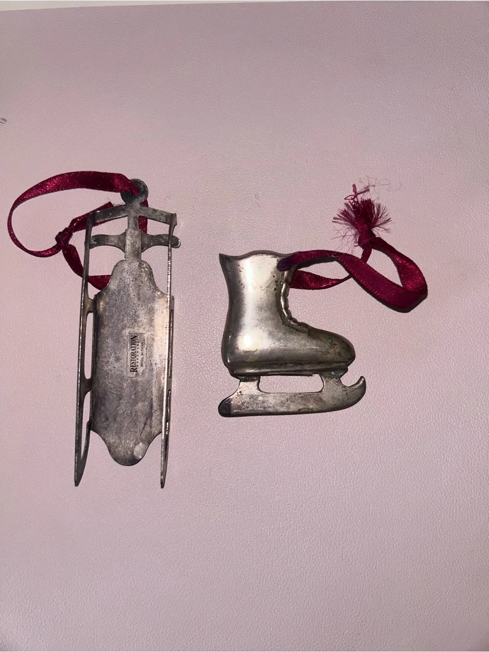RESTORATION HARDWARE Heavy Silverplated Sled  & Skates Christmas Ornaments
